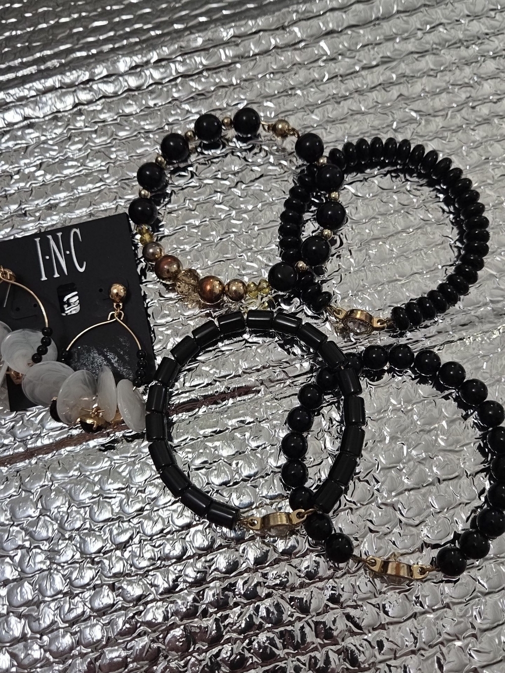 INC International Concepts Black Beaded Bracelet & Ear Set - Classic Black Stack